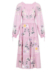 FashionSierra-Pink Embroidery Floral Casual Long Sleeve Vintage Loose High Waist Robe Boho Dress