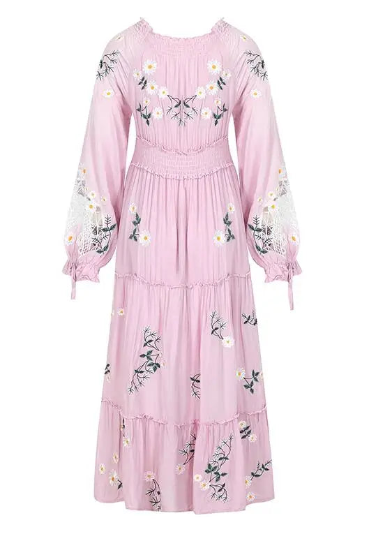 FashionSierra-Pink Embroidery Floral Casual Long Sleeve Vintage Loose High Waist Robe Boho Dress