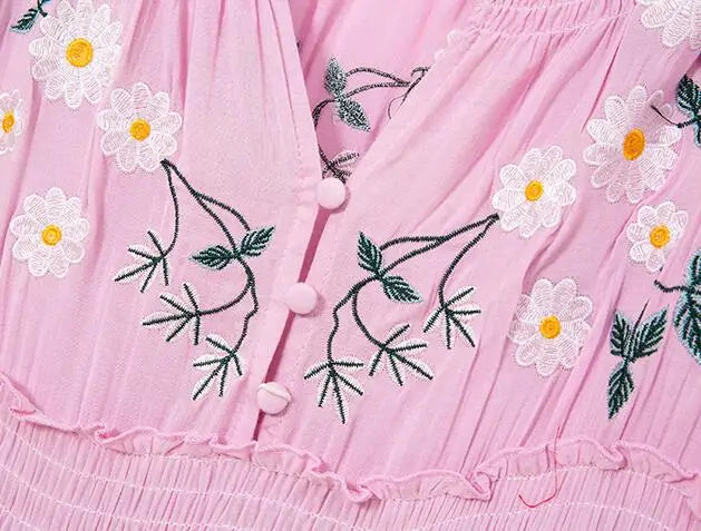 FashionSierra-Pink Embroidery Floral Casual Long Sleeve Vintage Loose High Waist Robe Boho Dress