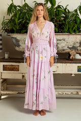 FashionSierra-Pink Embroidery Floral Casual Long Sleeve Vintage Loose High Waist Robe Boho Dress