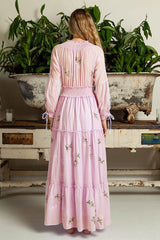FashionSierra-Pink Embroidery Floral Casual Long Sleeve Vintage Loose High Waist Robe Boho Dress