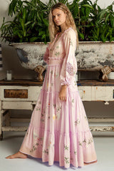 FashionSierra-Pink Embroidery Floral Casual Long Sleeve Vintage Loose High Waist Robe Boho Dress