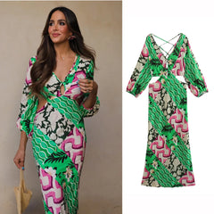 FashionSierra- Deep V Neck  Backless  Maxi   Beach  Cotton Linen Print  Long Sleeve  Autumn  Party  Vestidos Boho Dress