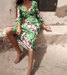 FashionSierra- Deep V Neck  Backless  Maxi   Beach  Cotton Linen Print  Long Sleeve  Autumn  Party  Vestidos Boho Dress