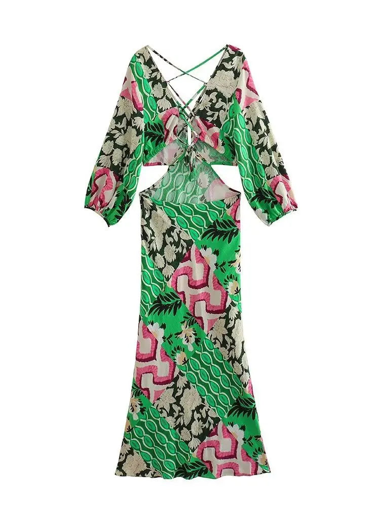 FashionSierra- Deep V Neck  Backless  Maxi   Beach  Cotton Linen Print  Long Sleeve  Autumn  Party  Vestidos Boho Dress