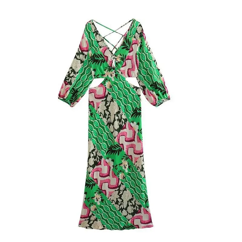 FashionSierra- Deep V Neck  Backless  Maxi   Beach  Cotton Linen Print  Long Sleeve  Autumn  Party  Vestidos Boho Dress