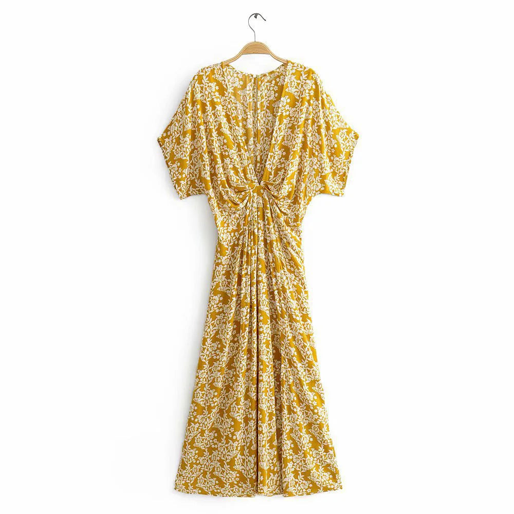 FashionSierra-Deep V Neck Maxi Vestidos Vintage Floral Print Side Split Summer Beach Casual Boho Dress