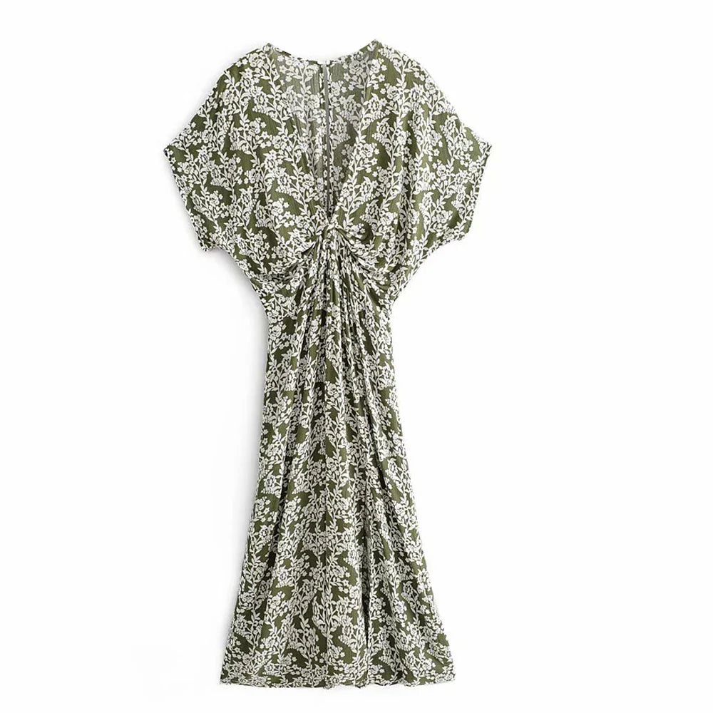 FashionSierra-Deep V Neck Maxi Vestidos Vintage Floral Print Side Split Summer Beach Casual Boho Dress