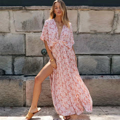 FashionSierra-Deep V Neck Maxi Vestidos Vintage Floral Print Side Split Summer Beach Casual Boho Dress