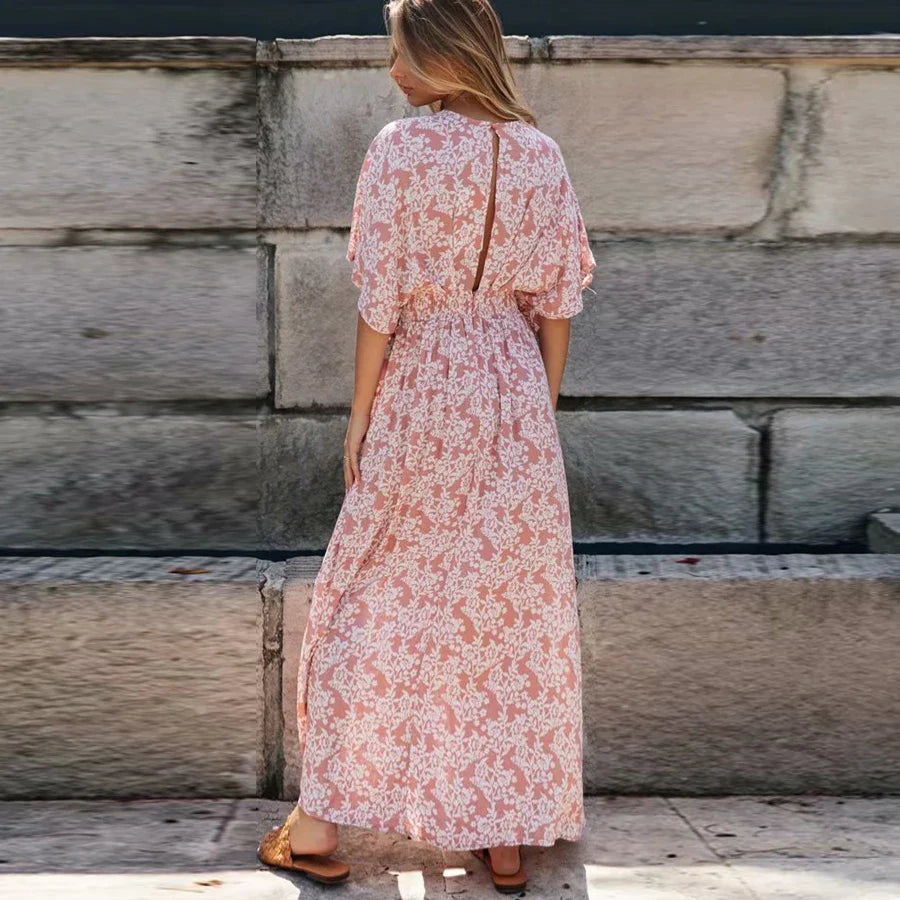 FashionSierra-Deep V Neck Maxi Vestidos Vintage Floral Print Side Split Summer Beach Casual Boho Dress