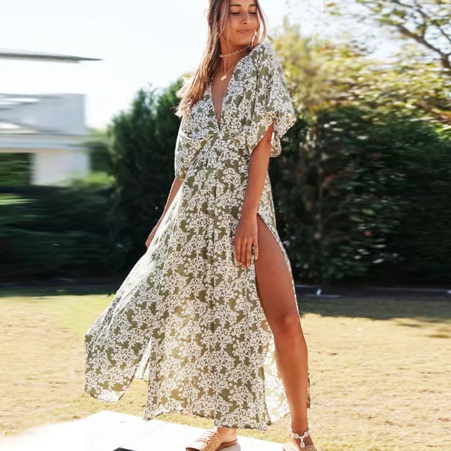 FashionSierra-Deep V Neck Maxi Vestidos Vintage Floral Print Side Split Summer Beach Casual Boho Dress