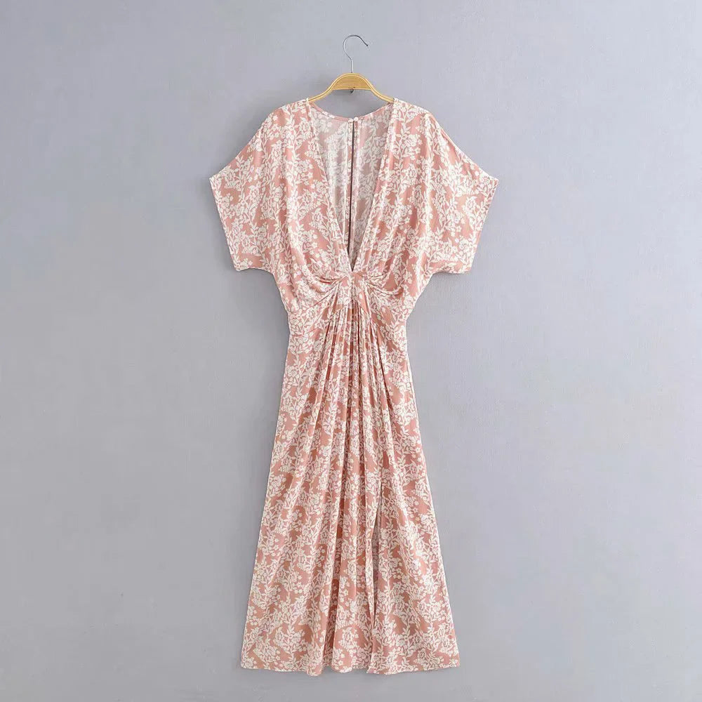 FashionSierra-Deep V Neck Maxi Vestidos Vintage Floral Print Side Split Summer Beach Casual Boho Dress