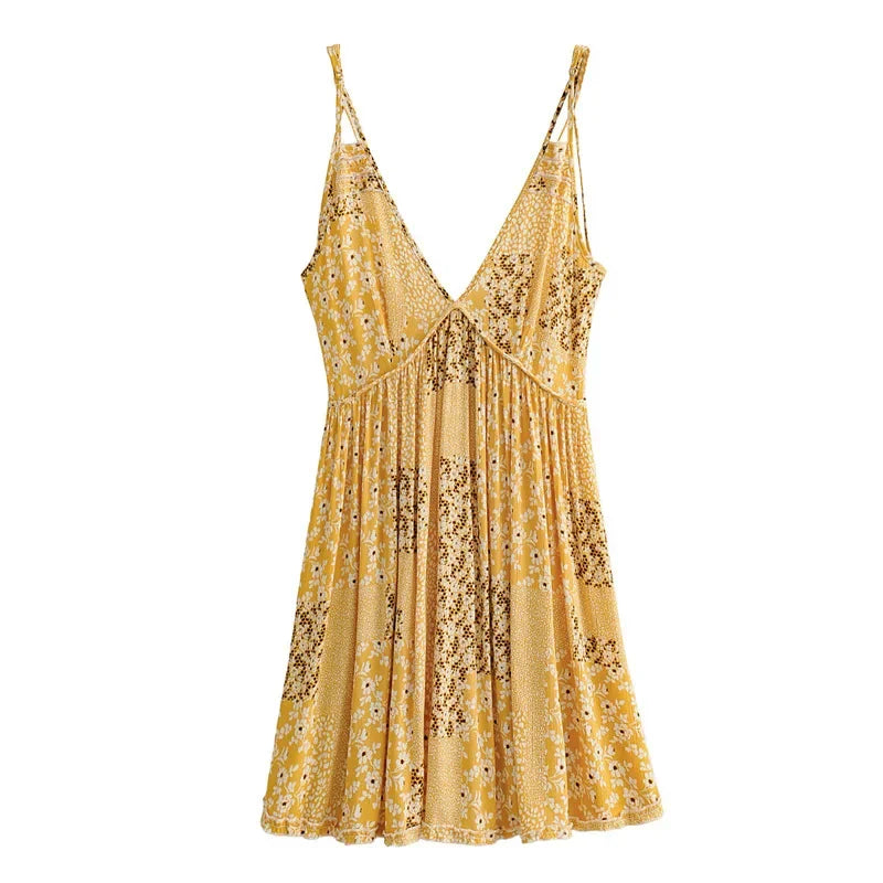 FashionSierra-Deep V Neck Sleeveless Mini Beach Yellow Cotton Floral Print Summer Backless Play Boho Dress
