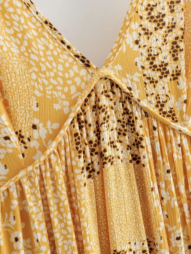 FashionSierra-Deep V Neck Sleeveless Mini Beach Yellow Cotton Floral Print Summer Backless Play Boho Dress