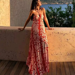 FashionSierra-Off Shoulder Backless Strap Vintage Ethnic Chiffon Floral Print Beach Wear Boho Dress