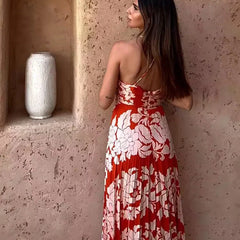FashionSierra-Off Shoulder Backless Strap Vintage Ethnic Chiffon Floral Print Beach Wear Boho Dress