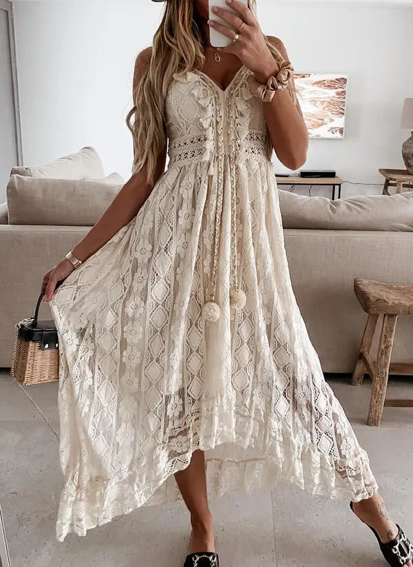 FashionSierra-Sleeveless Backless Irregular Strap Robe Vintage Tassel Floral Lace Summer Beach Vestidos Boho Dress