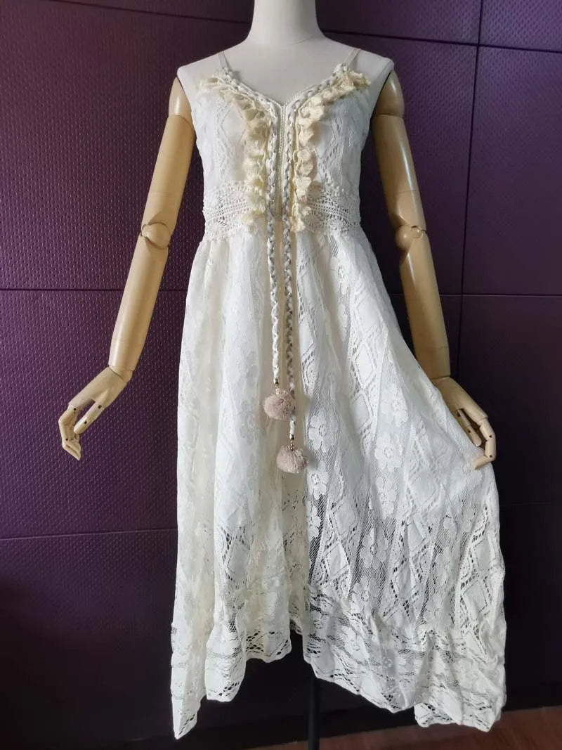 FashionSierra-Sleeveless Backless Irregular Strap Robe Vintage Tassel Floral Lace Summer Beach Vestidos Boho Dress