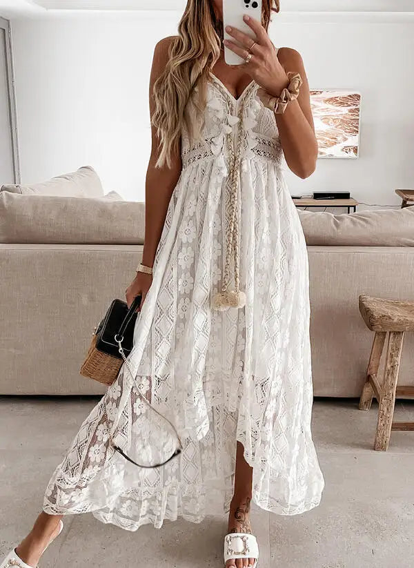 FashionSierra-Sleeveless Backless Irregular Strap Robe Vintage Tassel Floral Lace Summer Beach Vestidos Boho Dress