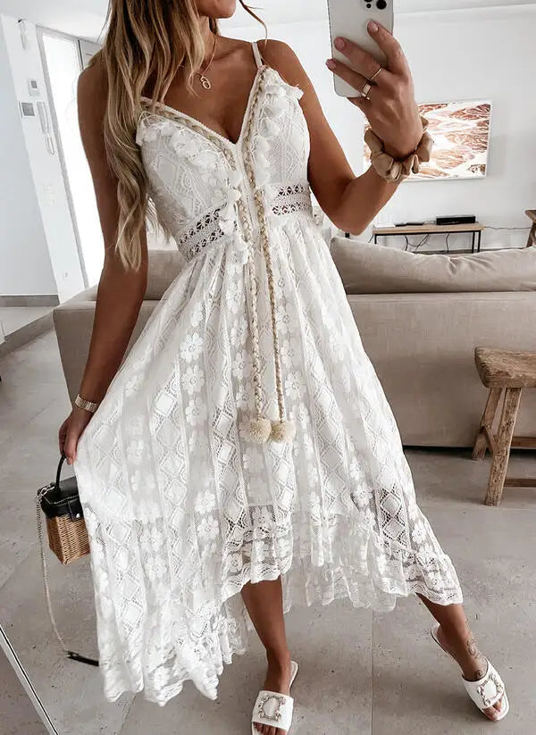 FashionSierra-Sleeveless Backless Irregular Strap Robe Vintage Tassel Floral Lace Summer Beach Vestidos Boho Dress