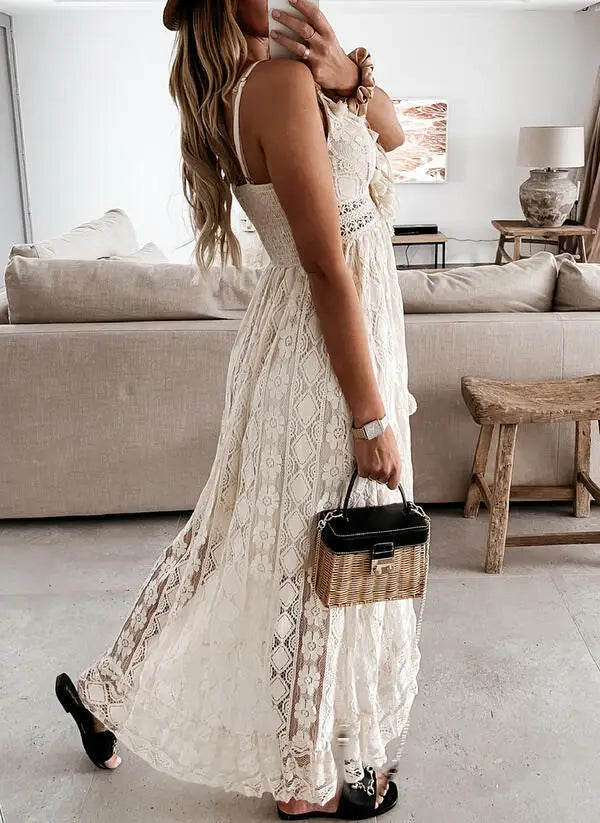 FashionSierra-Sleeveless Backless Irregular Strap Robe Vintage Tassel Floral Lace Summer Beach Vestidos Boho Dress