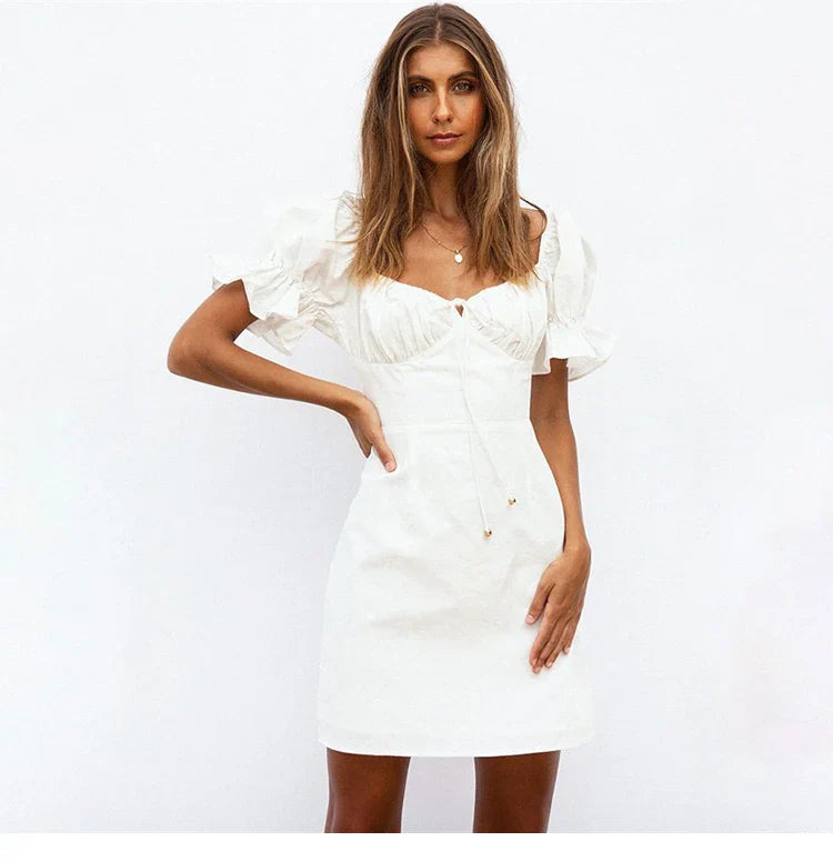 FashionSierra-Sheath Mini White Cotton Elegant Puff Sleeve Summer Square Collar Bohemian Short Dress Vestidos Boho Dress