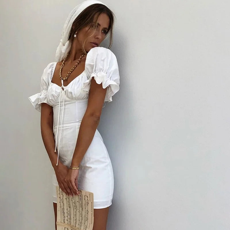 FashionSierra-Sheath Mini White Cotton Elegant Puff Sleeve Summer Square Collar Bohemian Short Dress Vestidos Boho Dress