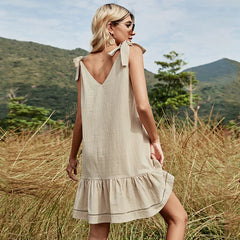 FashionSierra-Summer  Backless  Beach   Deep V-Neck  Bow Strap  Khaki  Knee-length  Bohemia Boho Dress