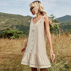 FashionSierra-Summer  Backless  Beach   Deep V-Neck  Bow Strap  Khaki  Knee-length  Bohemia Boho Dress