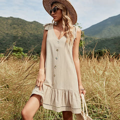 FashionSierra-Summer  Backless  Beach   Deep V-Neck  Bow Strap  Khaki  Knee-length  Bohemia Boho Dress