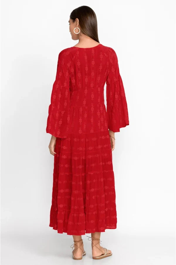 FashionSierra-Vintage Deep V Neck Flare Long Sleeve Casual Floral Embroidery Cotton Autumn Boho Dress