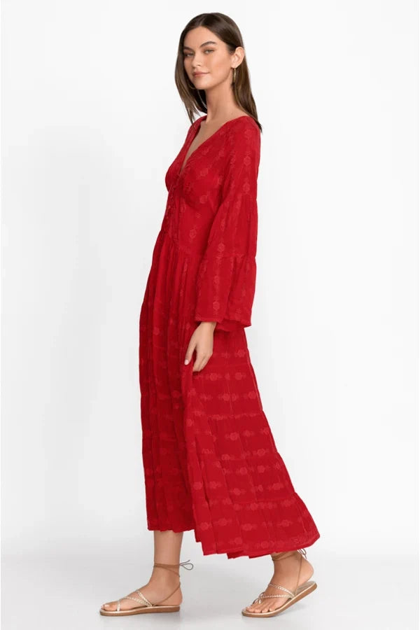 FashionSierra-Vintage Deep V Neck Flare Long Sleeve Casual Floral Embroidery Cotton Autumn Boho Dress
