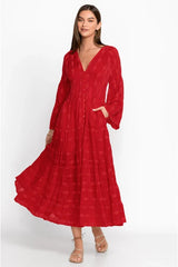 FashionSierra-Vintage Deep V Neck Flare Long Sleeve Casual Floral Embroidery Cotton Autumn Boho Dress