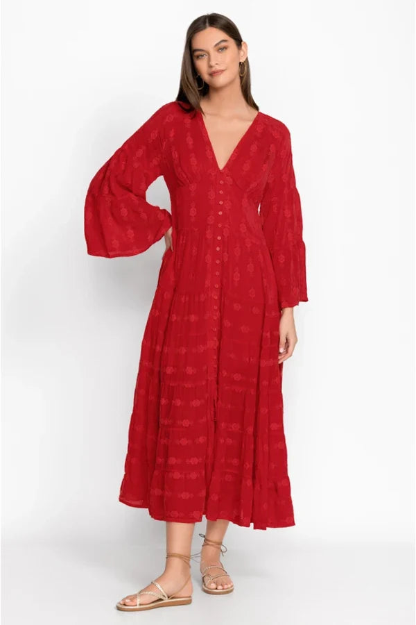 FashionSierra-Vintage Deep V Neck Flare Long Sleeve Casual Floral Embroidery Cotton Autumn Boho Dress