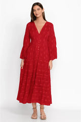 FashionSierra-Vintage Deep V Neck Flare Long Sleeve Casual Floral Embroidery Cotton Autumn Boho Dress