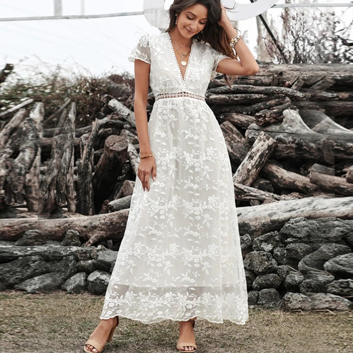 FashionSierra-Vintage Deep V Short Sleeve Casual Floral Embroidery Summer High Waist Loose Boho Dress