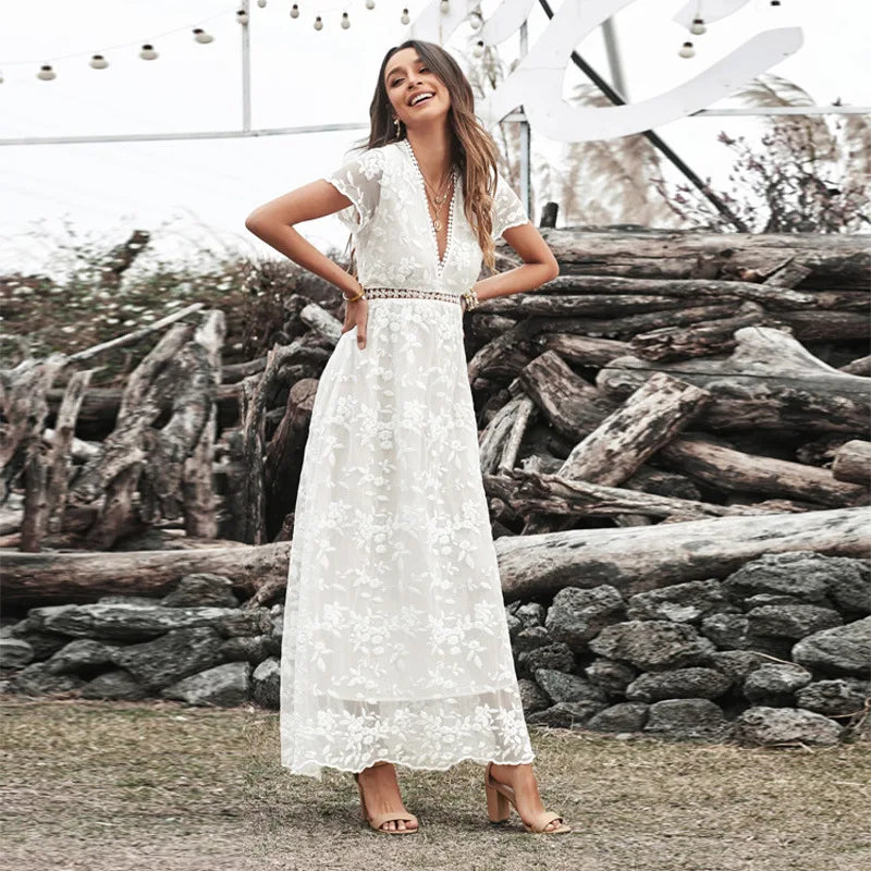 FashionSierra-Vintage Deep V Short Sleeve Casual Floral Embroidery Summer High Waist Loose Boho Dress