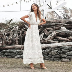 FashionSierra-Vintage Deep V Short Sleeve Casual Floral Embroidery Summer High Waist Loose Boho Dress