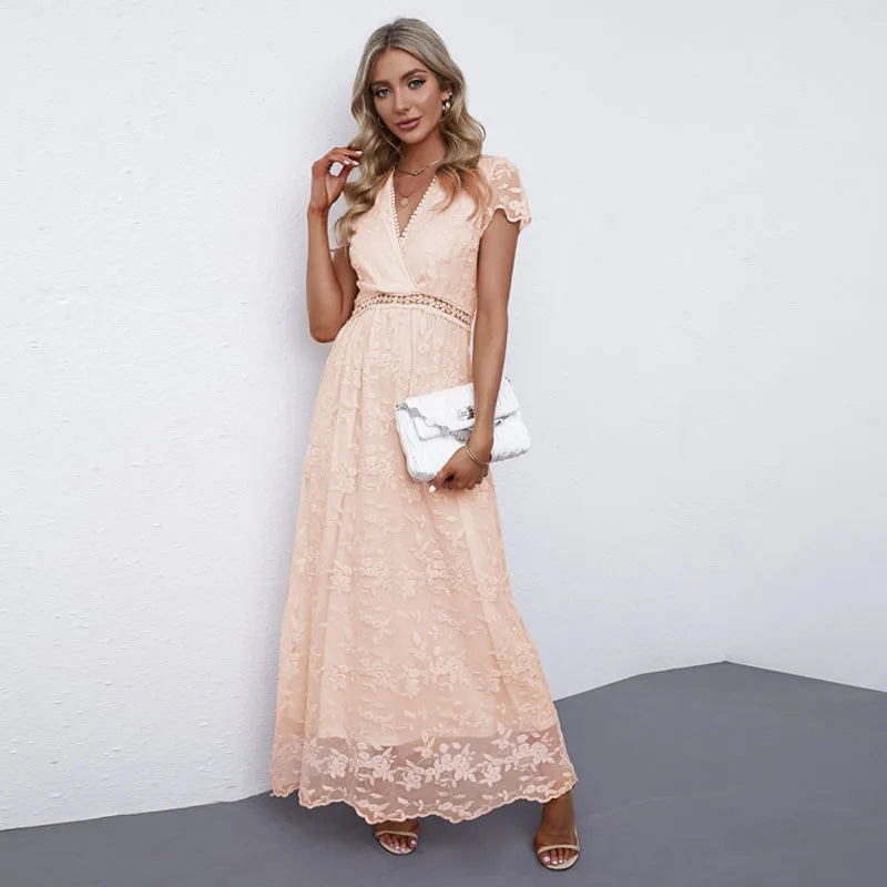 FashionSierra-Vintage Deep V Short Sleeve Casual Floral Embroidery Summer High Waist Loose Boho Dress