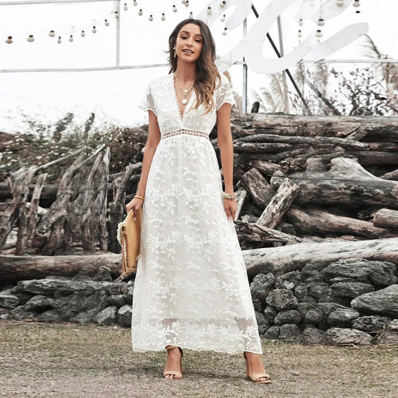 FashionSierra-Vintage Deep V Short Sleeve Casual Floral Embroidery Summer High Waist Loose Boho Dress