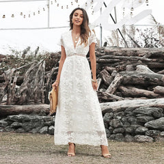 FashionSierra-Vintage Deep V Short Sleeve Casual Floral Embroidery Summer High Waist Loose Boho Dress