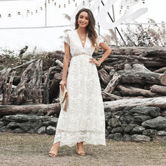FashionSierra-Vintage Deep V Short Sleeve Casual Floral Embroidery Summer High Waist Loose Boho Dress