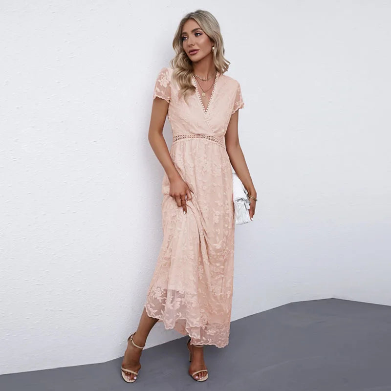 FashionSierra-Vintage Deep V Short Sleeve Casual Floral Embroidery Summer High Waist Loose Boho Dress