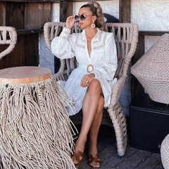 FashionSierra-Vintage Embroidery White Lace Puff Long Sleeve Mini Autumn Elegant Boho Dress