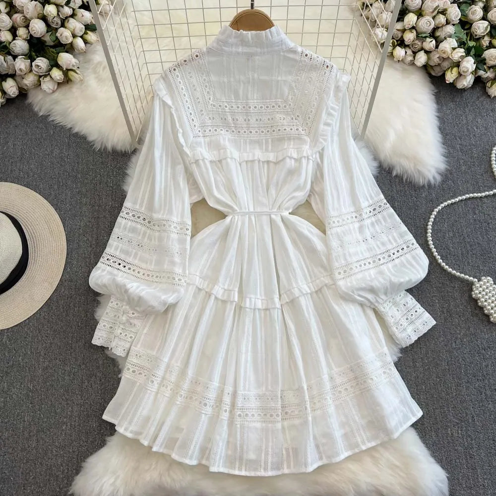 FashionSierra-Vintage Embroidery White Lace Puff Long Sleeve Mini Autumn Elegant Boho Dress