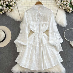 FashionSierra-Vintage Embroidery White Lace Puff Long Sleeve Mini Autumn Elegant Boho Dress