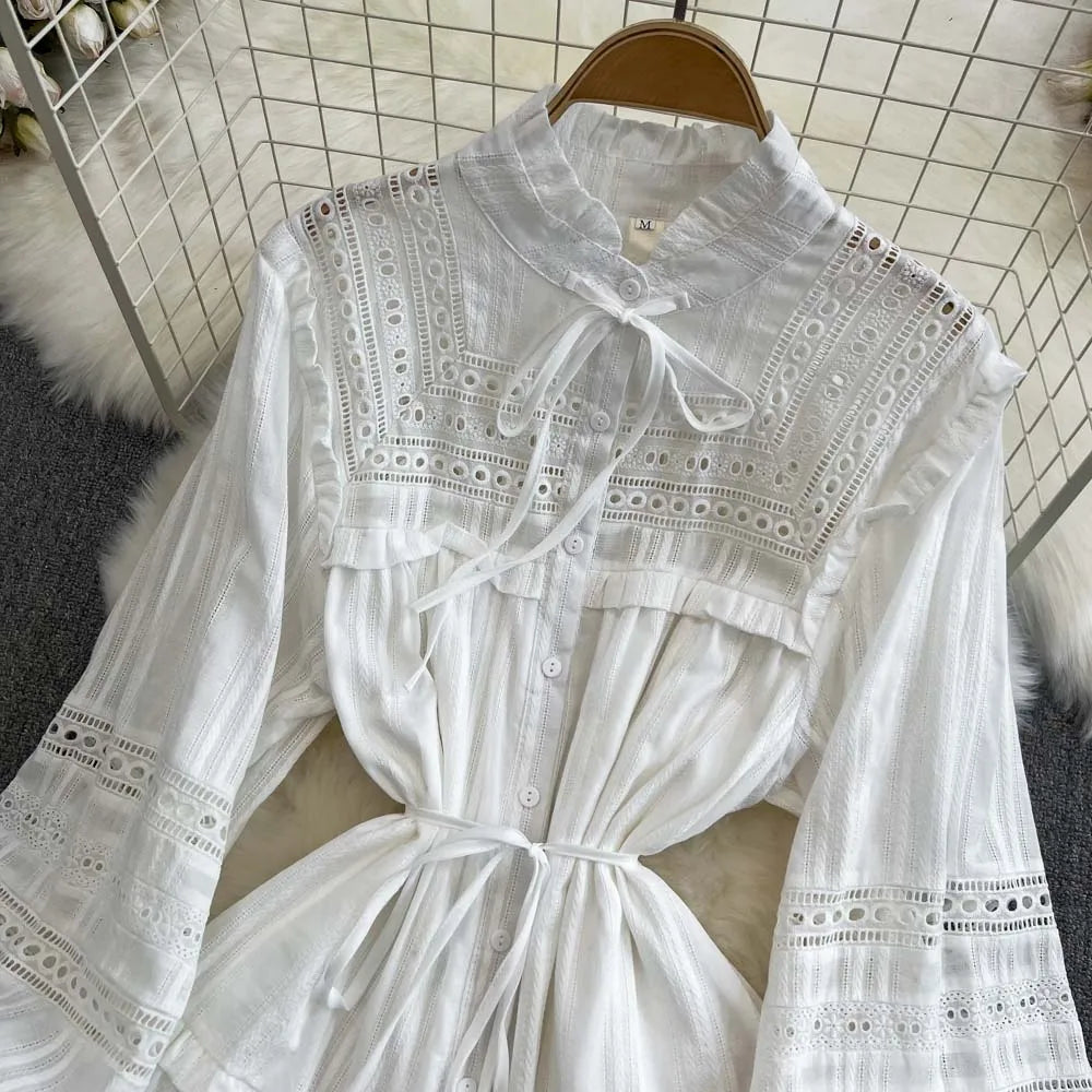 FashionSierra-Vintage Embroidery White Lace Puff Long Sleeve Mini Autumn Elegant Boho Dress