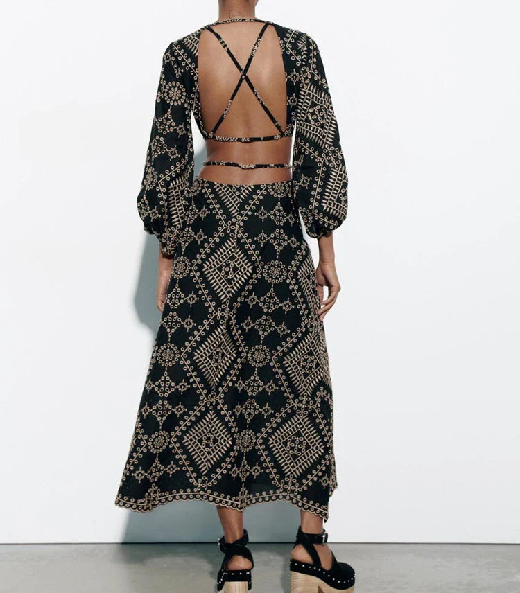 FashionSierra-Vintage Ethnic Embroidery Party Deep V-neck Backless Long Sleeve Beach Summer Vestidos Boho Dress