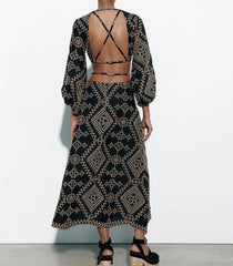 FashionSierra-Vintage Ethnic Embroidery Party Deep V-neck Backless Long Sleeve Beach Summer Vestidos Boho Dress
