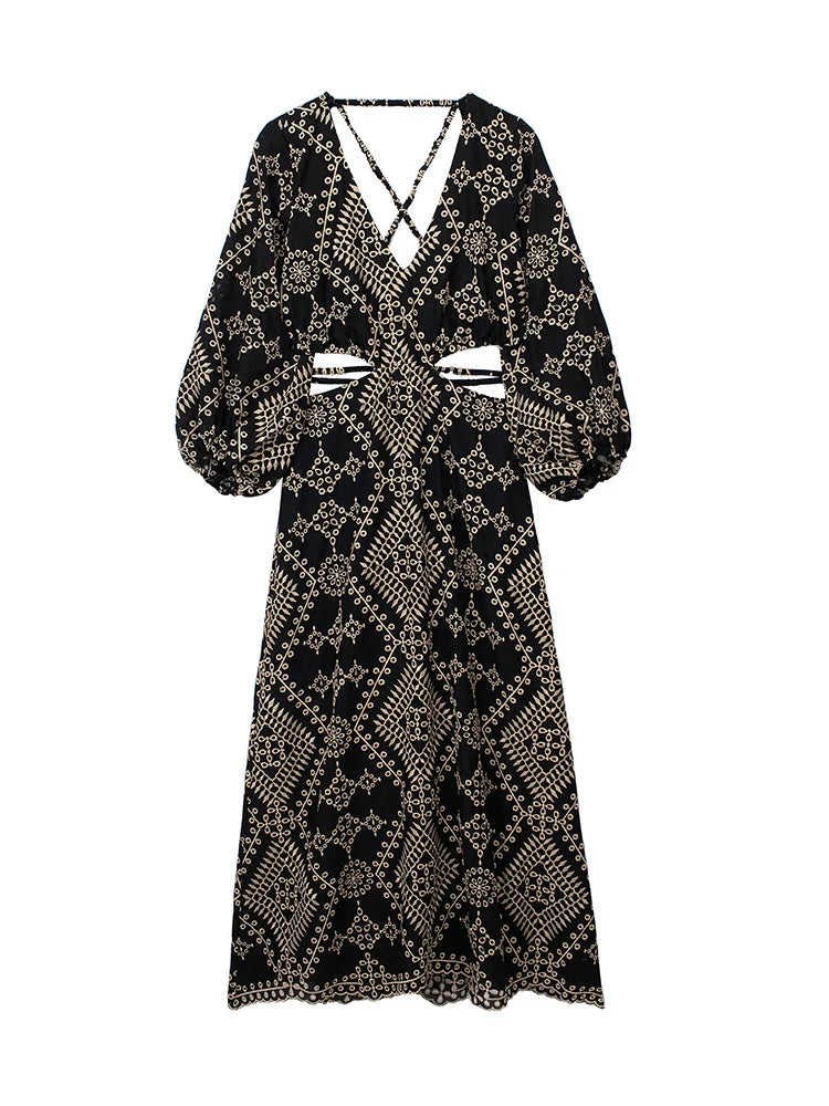 FashionSierra-Vintage Ethnic Embroidery Party Deep V-neck Backless Long Sleeve Beach Summer Vestidos Boho Dress